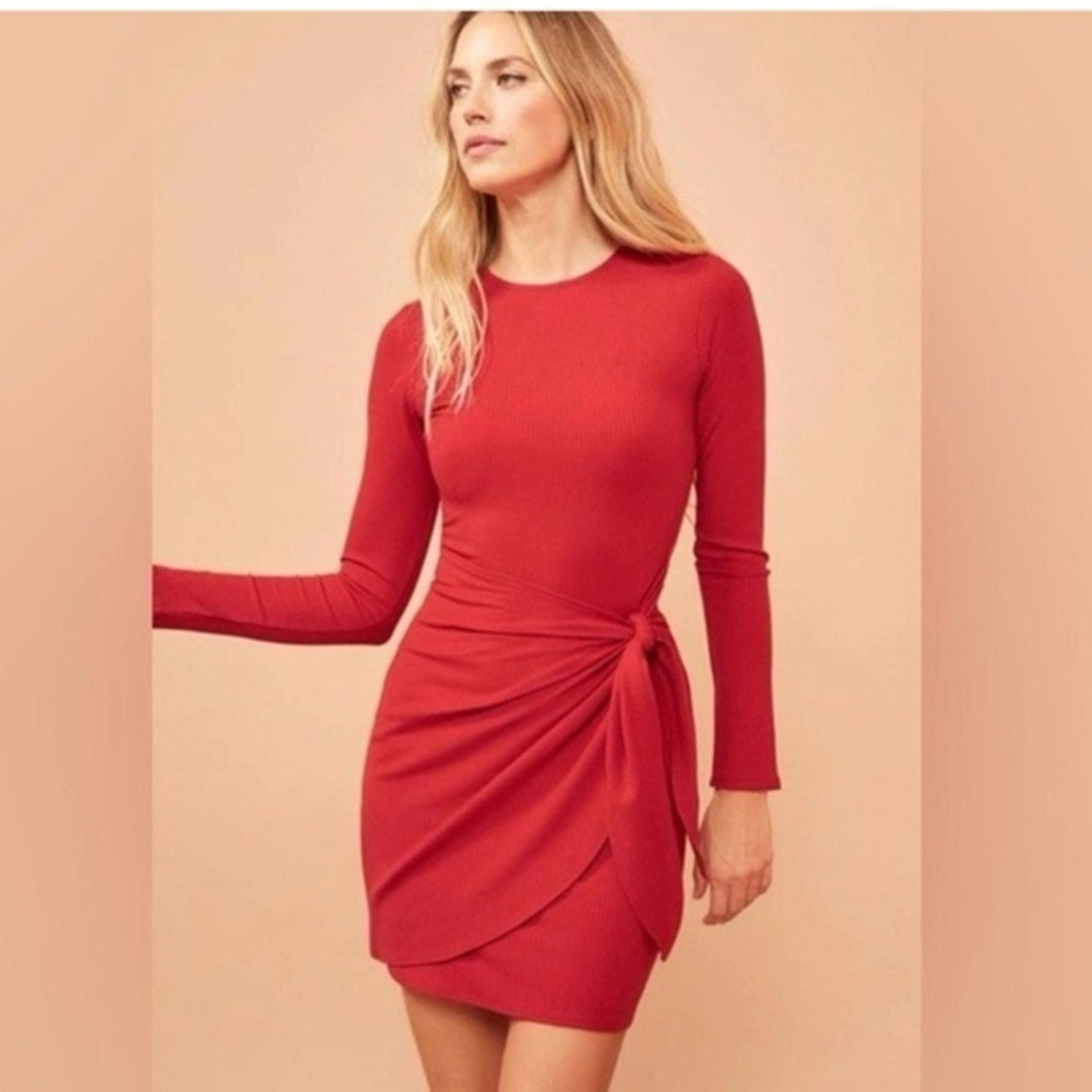 Reformation Callie Faux Wrap Red Long Sleeve Ribbed Tencel Dress Size Medium
